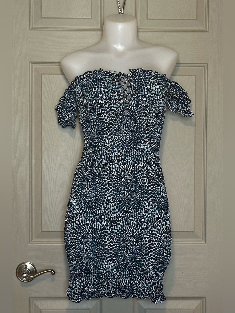 FREE PEOPLE NWT Smocked Off-The-Shoulder Mini Dress Blue Geometric - Size XS